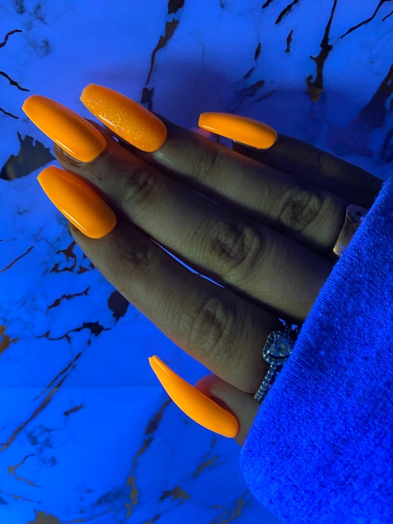 Luxe Neon Orange Coffin Press On Nails: Reusable UV Gel Fake Nails