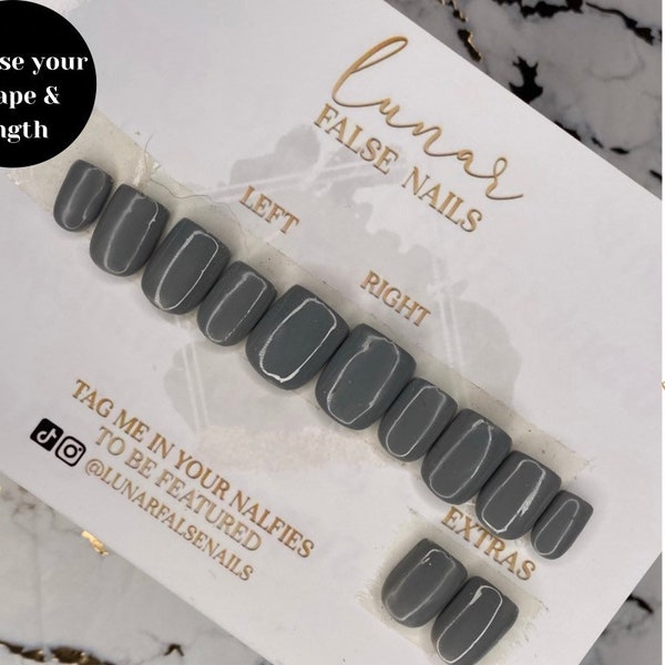 Luxe Medium Grey Press on Nails Gel Nails, Custom Press on Nails, Reusable Nails, Stick on Nails, Grey Press on Nails,Long Square Fake Nail