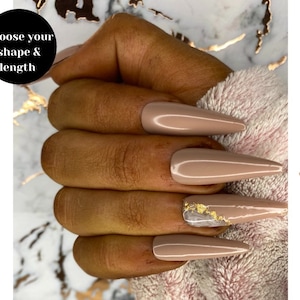 Luxe Brown Marble Gold Flake Gel Nails,Custom Press on Nails, Reusable Nails, Stick on Nails,Long Coffin Fake Nails, Glitter Gel False Nails