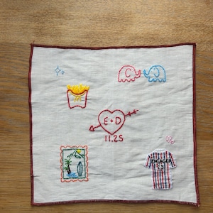 以下が含まれることがあります： 赤い縁取りのある刺繍された白い正方形。 「E+D」と「11.25」のハート、フライドポテトの容器、2匹の象、熱帯の風景、蝶、そして「25」のストライプのジャージが含まれています。