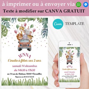 Carte d'invitation anniversaire animaux de la jungle personnalisée- en français - Invitation digitale jungle à envoyer par sms ou imprimer