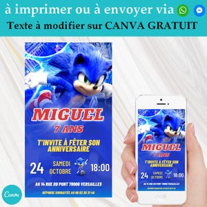 Carte d'invitation anniversaire personnalisée Sonic en français + mobile - Invitation digitale Sonic à envoyer par sms ou imprimer vous-même