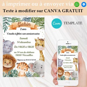 Carte d'invitation anniversaire safari personnalisée en français mobile - Invitation digitale jungle safari à envoyer par sms ou à imprimer