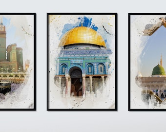 Watercolour Islamic Art Ramadan Eid Posters | 3 Islamic Holy Places | Masjid Al Haram | Masjid An-Nabawi | Masjid Al Aqsa | Wall Art Poster