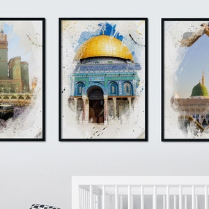Aquarel islamitische kunst Ramadan Eid-posters | 3 islamitische heilige plaatsen | Masjid Al Haram | Masjid An-Nabawi | Masjid Al-Aqsa | Muurposter