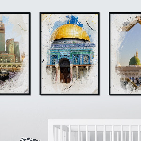Watercolour Islamic Art Ramadan Eid Posters | 3 Islamic Holy Places | Masjid Al Haram | Masjid An-Nabawi | Masjid Al Aqsa | Wall Art Poster