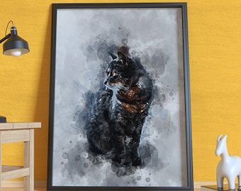 Watercolor Black Cat Wall Art Poster, Dark Feline Painting Print, Abstract Kitten Picture, Home Decor Gift A4 to A0