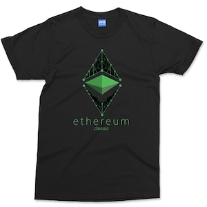 May include: Black t-shirt with a green Ethereum Classic logo and the text "ethereum classic" printed on the front.