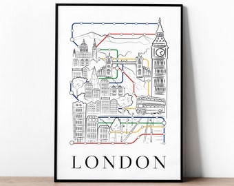 LONDON POSTER, London Wall Art, London Print, London Skyline, London Gifts, London Decor, London Living Room, London Underground Art Poster