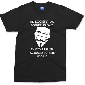 May include: Black t-shirt with a white graphic of the Anonymous mask and the text "The society has become so fake that the truth actually bothers people."