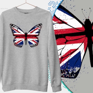 Butterfly Union Jack Flag Sweatshirt, Union Jack Jumper, Women&#39;s England London Fashion United Kingdom Sweater, Great Britain Ladies Jumper