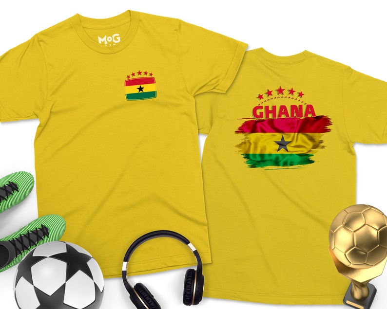 May include: Two yellow t-shirts with a Ghanaian flag design. One shirt has a small flag on the left chest and the other has a larger flag with the word "GHANA" on the back.
