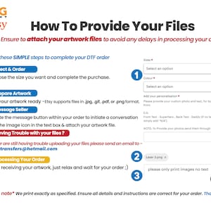Pu&ograve; includere: Una guida passo passo su come fornire file di grafica per un ordine di stampa a trasferimento digitale (DTF). La guida include istruzioni su come selezionare la dimensione, preparare la grafica, inviare un messaggio al venditore e risolvere i problemi con il caricamento dei file. Include anche una nota per inviare foto tramite i messaggi Etsy. La guida &egrave; numerata da 1 a 5.