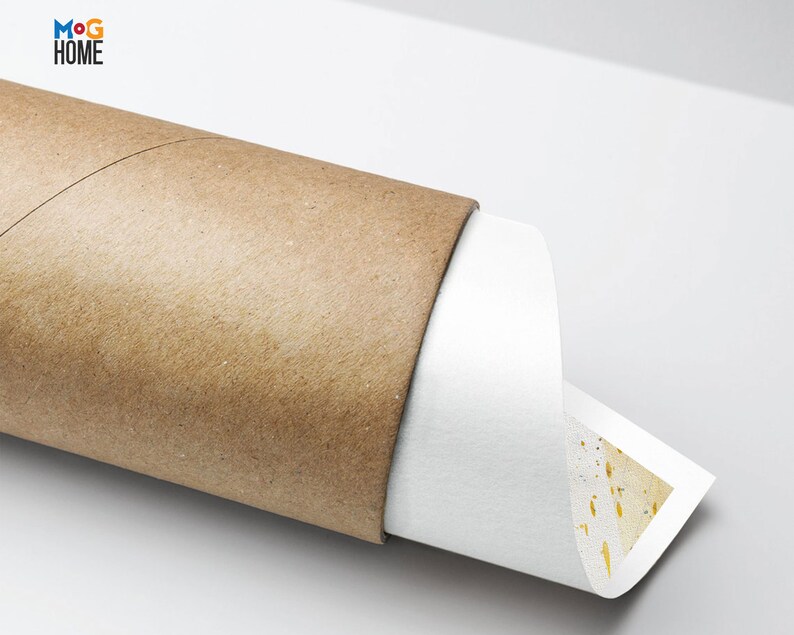 May include: A rolled up print with a white background and a pattern of small gold dots. The print is being unrolled from a brown cardboard tube.