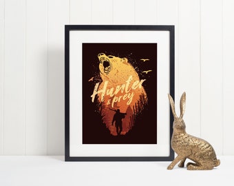 Hunter And Prey Animal Bear Wall Poster | Hunting Season Nature Art Painting | Grizzly Bear Man Forest Woods Wild Graphic Frame All Sizes