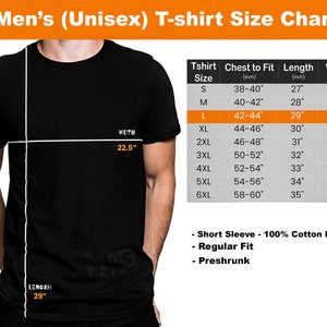 May include: A size chart for a unisex t-shirt, showing measurements in inches for chest, length, and width. The chart includes sizes from S to 6XL. The t-shirt is described as short sleeve, regular fit, and preshrunk.