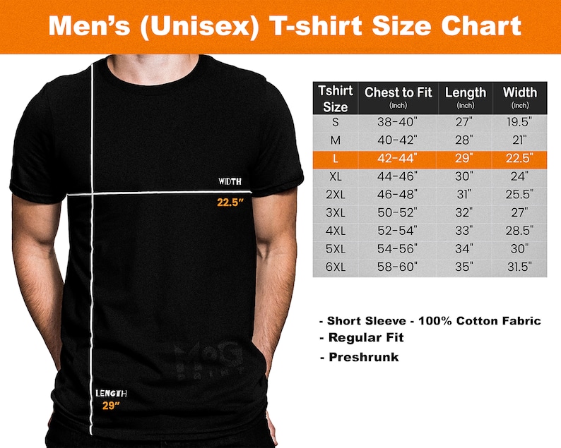 May include: A size chart for a unisex t-shirt, showing measurements in inches for chest, length, and width. The chart includes sizes from S to 6XL. The t-shirt is described as short sleeve, regular fit, and preshrunk.