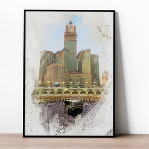 May include: A watercolor painting of the Kaaba in Mecca, Saudi Arabia. The Kaaba is a cube-shaped building that is the holiest site in Islam. The painting shows the Kaaba surrounded by a crowd of people. The painting is framed in a black frame.
