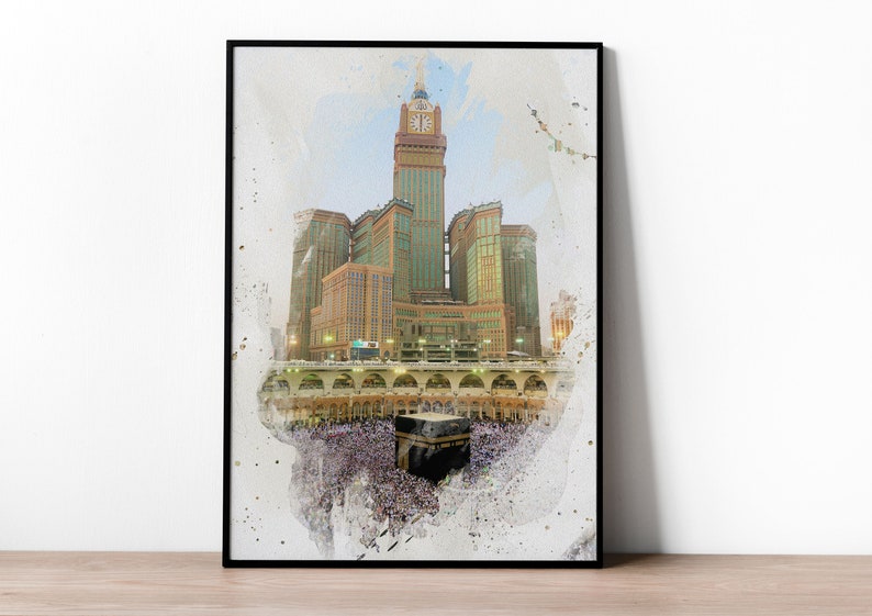 May include: A watercolor painting of the Kaaba in Mecca, Saudi Arabia. The Kaaba is a cube-shaped building that is the holiest site in Islam. The painting shows the Kaaba surrounded by a crowd of people. The painting is framed in a black frame.