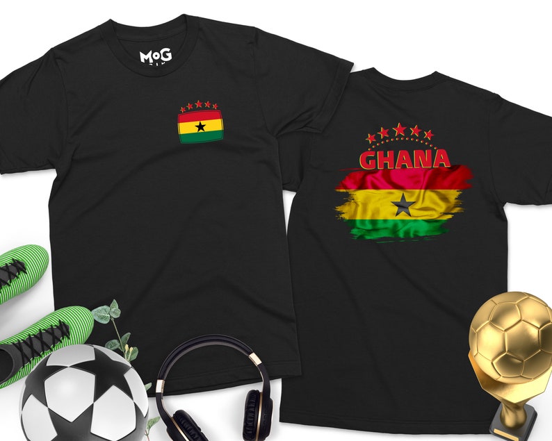 May include: Two black t-shirts with a red, yellow, green, and black flag design. The flag has a black star in the center and the word "GHANA" printed above it. One shirt has a smaller version of the flag in the upper left corner.