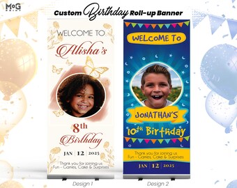 Personalised Kids' Birthday Roll-up Banner, Custom Name Age Photo Birthday Party Event Display Stand, Bday Celebration Large Photo Backdrop