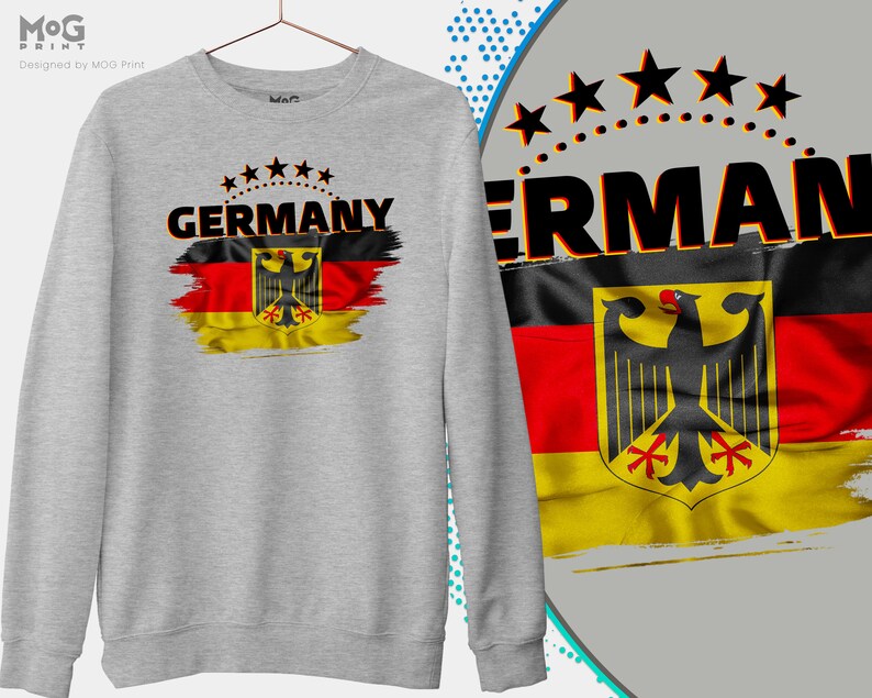 May include: A gray sweatshirt with a distressed German flag design and the word "GERMANY" printed in black. The flag features the German eagle and is surrounded by five stars.