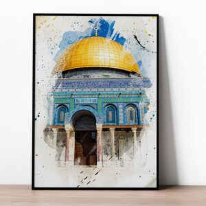May include: A watercolor painting of the Dome of the Rock in Jerusalem. The dome is gold and the building is blue and green with intricate details. The painting has a white background with splashes of blue and gray.