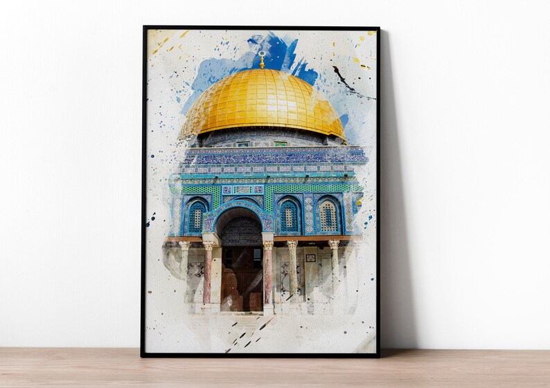 May include: A watercolor painting of the Dome of the Rock in Jerusalem. The dome is gold and the building is blue and green with intricate details. The painting has a white background with splashes of blue and gray.