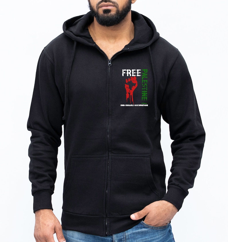 Moletom com capuz com zíper Palestina Livre, Fim da ocupação de Israel, Apoio Palestino | Moletom com capuz para presente de ativista político Stand Against Oppression Fist para homens imagem 2