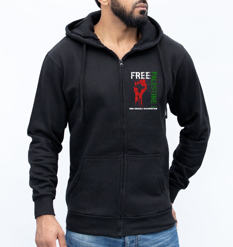 Moletom com capuz com zíper Palestina Livre, Fim da ocupação de Israel, Apoio Palestino | Moletom com capuz para presente de ativista político Stand Against Oppression Fist para homens imagem 3