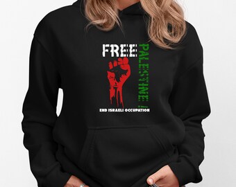 Free Palestine End Israeli Occupation Clenched Fist Graphic Unity Solidarity Zip Hoodie | Stehen Sie mit den Palästinensern als Geschenk-Hoodie für Aktivisten