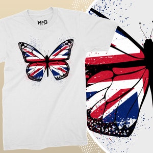 Butterfly Union Jack Flag T-shirt – London England Fashion Top - Ladies Women Summer Tops - United Kingdom Great Britain - British Gifts