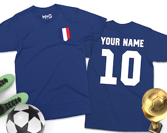 Maillot de football France | T-shirt de football français homme femme enfant | Nom + numéro Maillot français personnalisé de supporter de football de la Coupe du monde de France