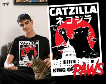 Funny Catzilla Japanese Movie Parody T Shirt, Retro Kaiju Cat Tee, Neko Monster Great Wave Top, Unique Kitten Pet Lover Gift