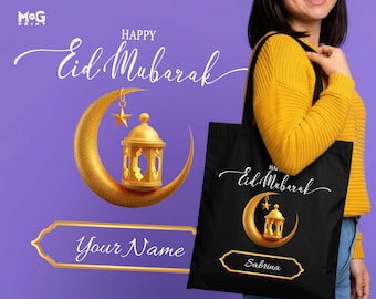 Custom Eid Mubarak Tote Bag, Happy Eid Shopping Bag, Ramadan Moon Lantern Canvas Tote, Personalised Islamic Eid Gifts for Family & Friends