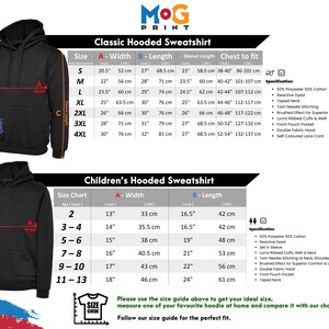 Pode incluir: Tabela de tamanhos para sweatshirts com capuz cl&aacute;ssicas e para crian&ccedil;as. A tabela mostra as medidas em polegadas e cent&iacute;metros para diferentes tamanhos. A tabela tamb&eacute;m inclui uma se&ccedil;&atilde;o de especifica&ccedil;&otilde;es com detalhes sobre o tecido e a constru&ccedil;&atilde;o das sweatshirts.
