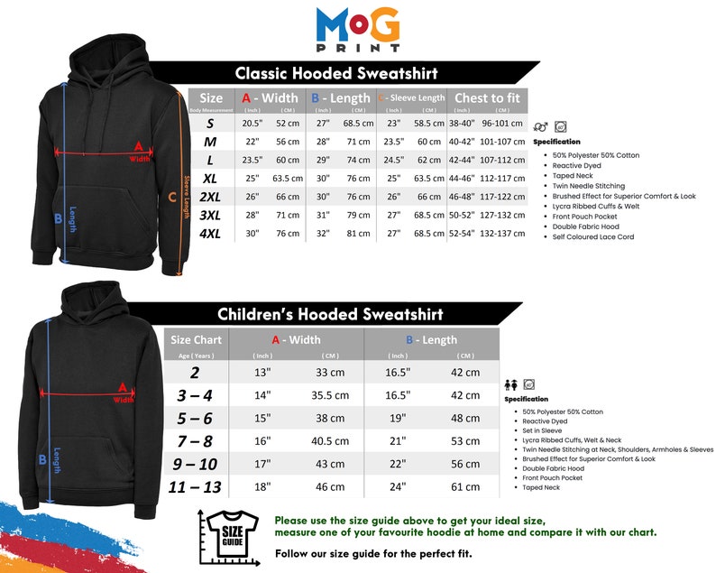 Pode incluir: Tabela de tamanhos para sweatshirts com capuz cl&aacute;ssicas e para crian&ccedil;as. A tabela mostra as medidas em polegadas e cent&iacute;metros para diferentes tamanhos. A tabela tamb&eacute;m inclui uma se&ccedil;&atilde;o de especifica&ccedil;&otilde;es com detalhes sobre o tecido e a constru&ccedil;&atilde;o das sweatshirts.