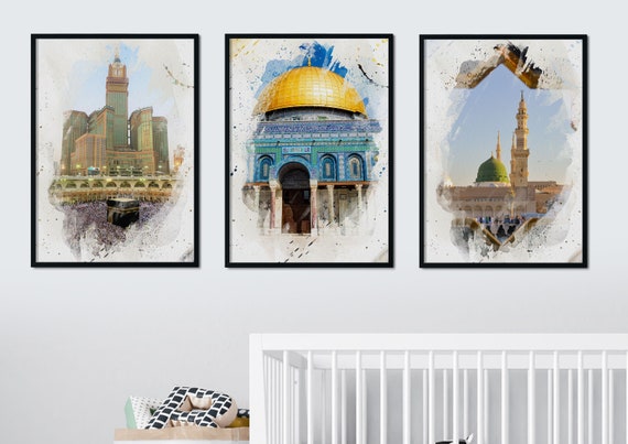 Watercolour Islamic Art Ramadan Eid Posters | 3 Islamic Holy Places | Masjid Al Haram | Masjid An-Nabawi | Masjid Al Aqsa | Wall Art Poster
