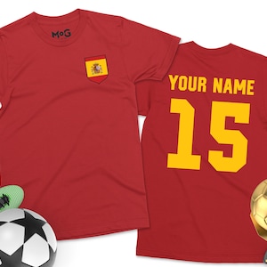 VoetbalT-shirt Spanje | Heren Dames Kinderen | Wereldbeker Spanje | Naam en nummer aangepast voetbalsupporters-shirt voetbal Spanje WK voetbal