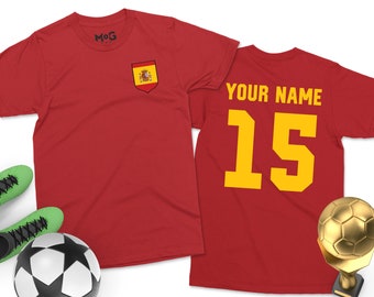 Spanien Fußball T-Shirt | Herren Damen Kinder | Spanien Fußball WM | Name + Nummer Kundenspezifisches Fußball-Anhänger-T-Shirt fútbol Spanien-Fußball-WM