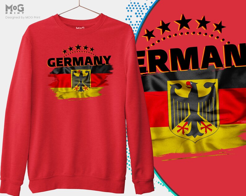 May include: Red sweatshirt with a black and yellow German flag design and the word "GERMANY" printed on the front. Five black stars are above the word "GERMANY".