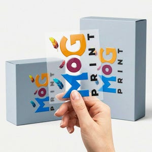 May include: A transparent square sticker featuring the text MOG PRINT in orange, purple, and blue, accented by small colorful feathers. The sticker is held in front of two light blue rectangular boxes, each displaying the same MOG PRINT logo design.