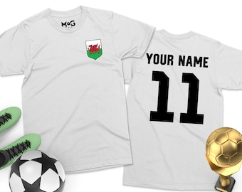 Wales Football Shirt | Men & Women's Cymru | Welsh Flag Tshirt | Name + Number Custom Football tshirt Wales Personalised Welsh Football Tee