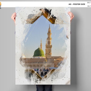 May include: A watercolor painting of a mosque with a green dome and minarets. The mosque is surrounded by a courtyard with people walking around. The painting is framed in a white border.