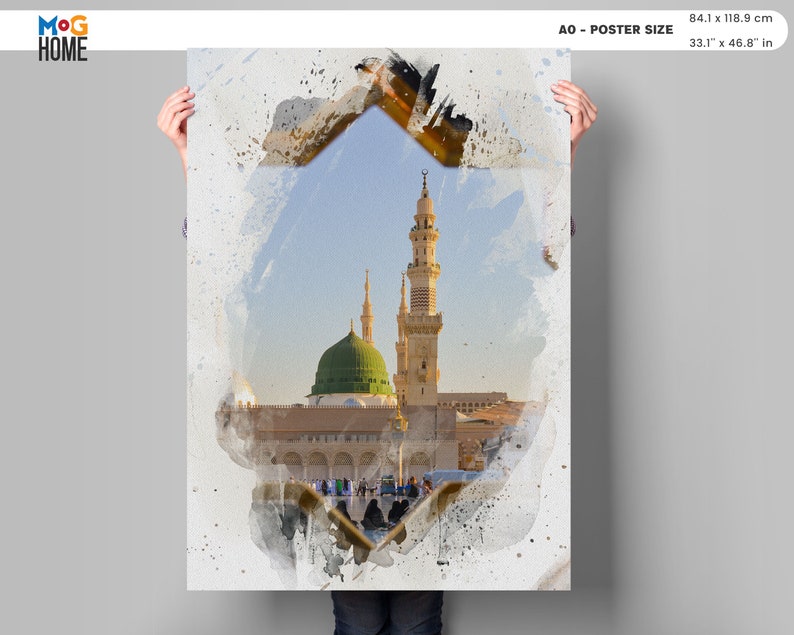 May include: A watercolor painting of a mosque with a green dome and minarets. The mosque is surrounded by a courtyard with people walking around. The painting is framed in a white border.