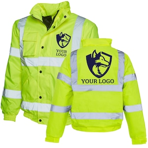 CUSTOM LOGO High Visibility Personalised Fleece Bomber Jacket Padded Safety Security Hi Vis Viz High Visibility Company Safety Work Coat UK