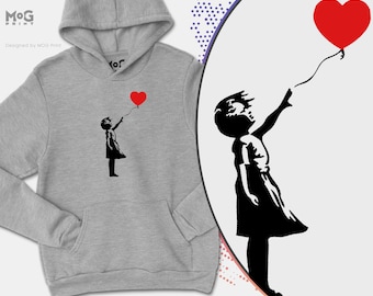 Banksy Ballon-Mädchen-Hoodie | Banksy Graffiti-Kunst-Hipster-Gemälde-Künstler Cooles Liebes-Herz-Grafik-Geschenk-Pullover - UNISEX-Geschenk-Kapuzenpullover