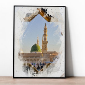 May include: A watercolor painting of a mosque with a green dome and a tall minaret. The mosque is surrounded by a white wall and there are people walking around it. The painting is framed in a black frame.