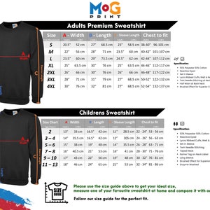 May include: Size chart for adult and children's sweatshirts. The chart shows the width, length, sleeve length, and chest size in inches and centimeters. The chart also includes a specification section with details about the fabric composition and features.