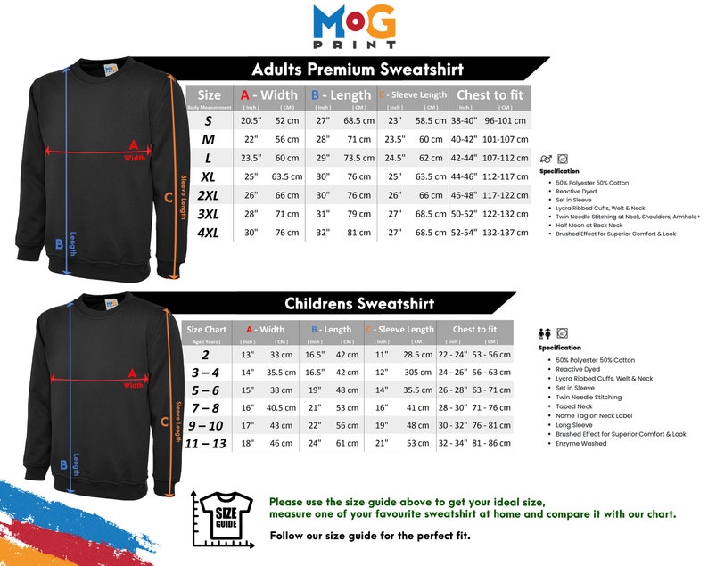May include: Size chart for adult and children's sweatshirts. The chart shows the width, length, sleeve length, and chest size in inches and centimeters. The chart also includes a specification section with details about the fabric composition and features.